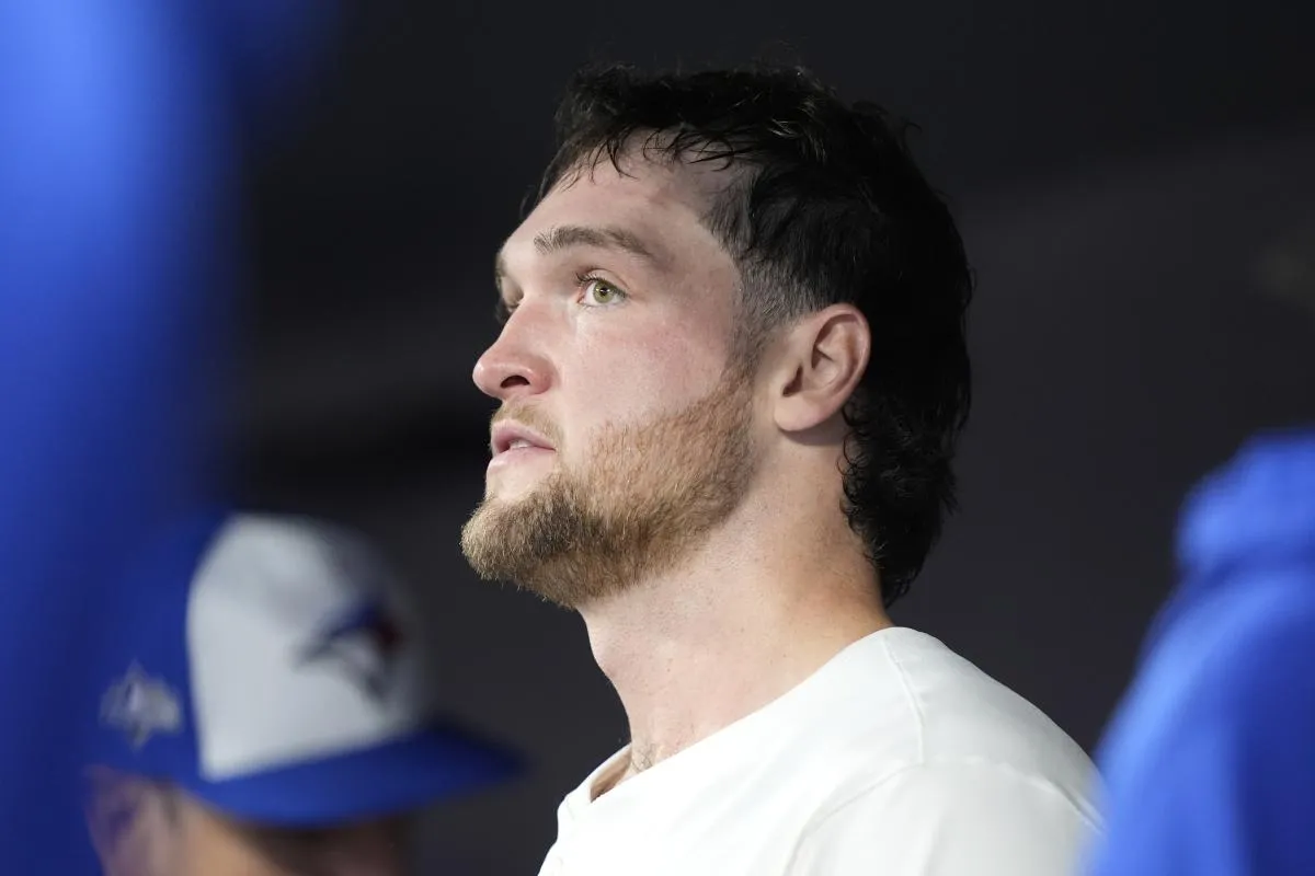Toronto Blue Jays pitcher Trey Yesavage (39) looks on in the dugout in the sixth inning against the Seattle Mariners during game six of the ALCS round for the 2025 MLB playoffs at Rogers Centre.