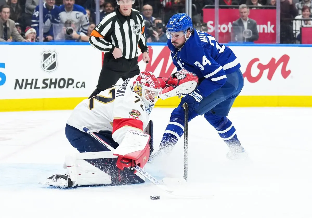 Toronto Maple Leafs center Auston Matthews (34) attempts a shot on Florida Panthers goaltender Sergei Bobrovsky (72) during the first period at Scotiabank Arena.