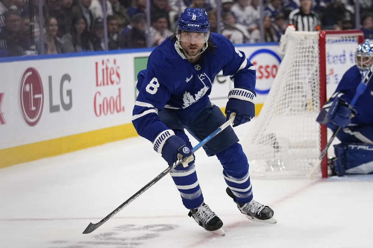 Toronto Maple Leafs defenceman Chris Tanev (8) skates against the Florida Panthers during the second period of game one in the second round of the 2025 Stanley Cup Playoffs at Scotiabank Arena