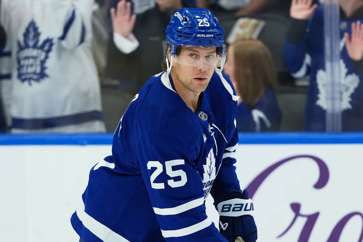 Toronto Maple Leafs defenseman Brandon Carlo (25) skates during the warmup before a game against the Seattle Kraken at Scotiabank Arena.