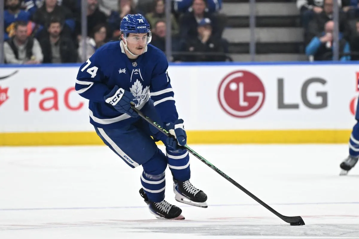 Toronto Maple Leafs forward Bobby McMann (74) skates with the puck against Los Angeles Kings in the third period at Scotiabank Arena