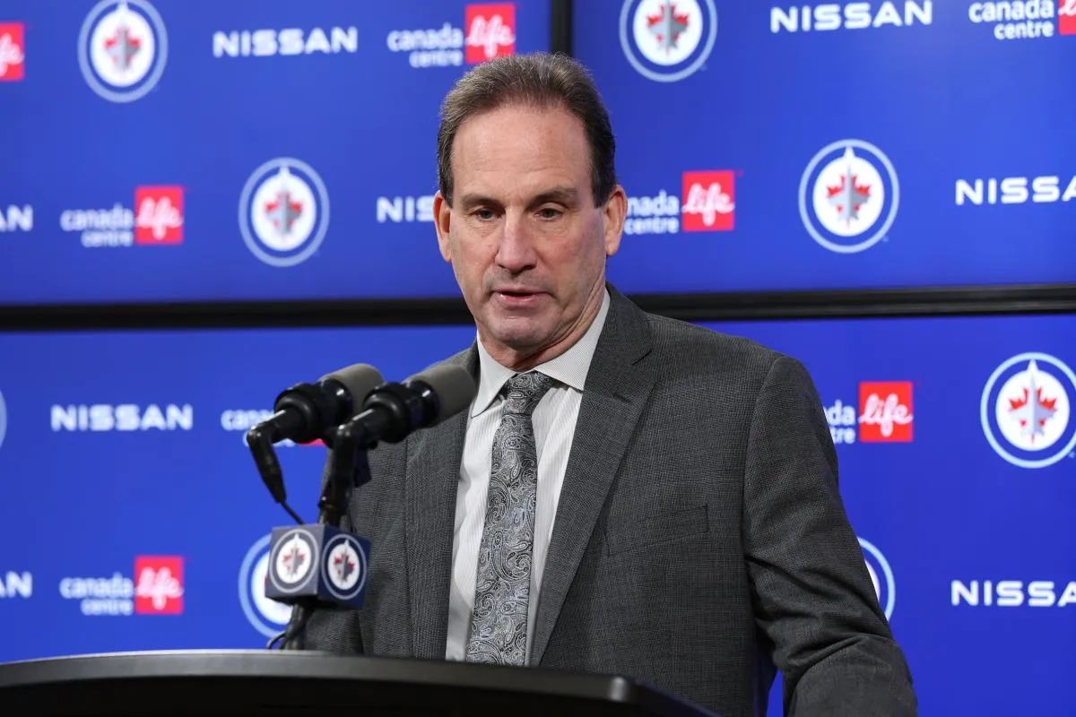 Winnipeg, Manitoba, CAN: Winnipeg Jets head coach Scott Arniel talks to the media after a game against the Edmonton Oilers at Canada Life Centre.