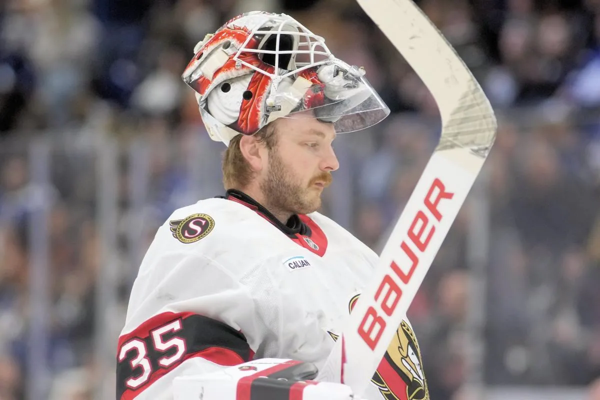 Ottawa Senators goaltender Linus Ullmark (35) during a break in the action against the Toronto Maple Leafs at Scotiabank Arena.