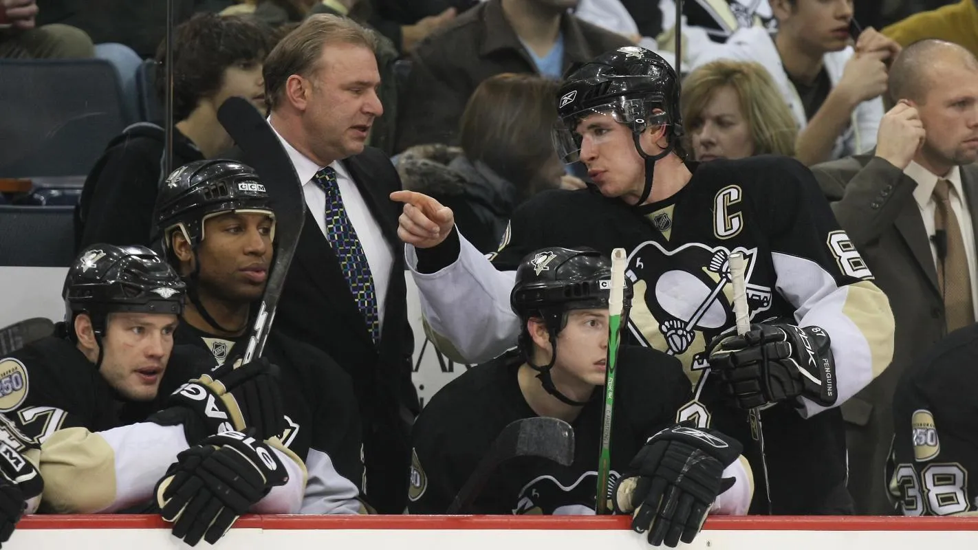 Pittsburgh Penguins center (87) Sidney Crosby talks to head coach Michel Therrien on the bench during their 2-0 win against the Buffalo Sabres at Mellon Arena in Pittsburgh, PA.