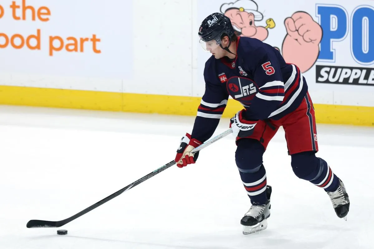 Winnipeg Jets defenseman Luke Schenn (5) warms up before a game against the Dallas Stars at Canada Life Centre.