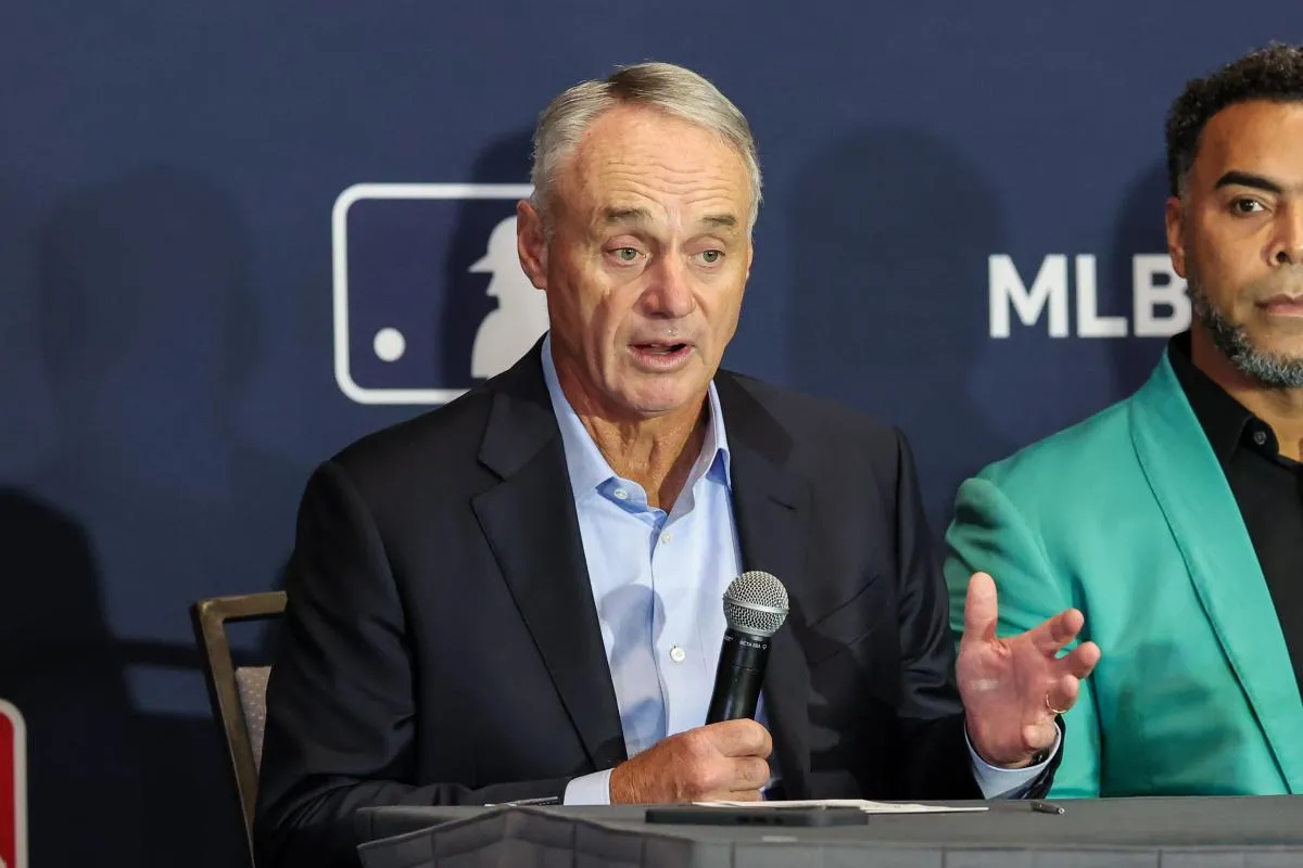 MLB Commissioner Rob Manfred speaks with the media during the 2025 MLB Winter Meetings at Signia by Hilton Hotel