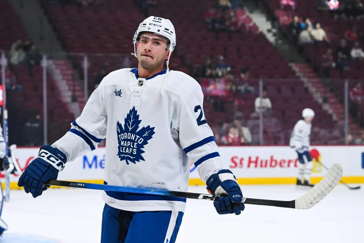 Toronto Maple Leafs forward Jacob Quillan (26) looks on during warm-up before the game against the Montreal Canadiens at Bell Centre.