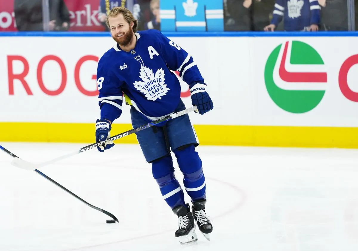 Toronto Maple Leafs right wing William Nylander (88) skates during the warmup before a game against the Columbus Blue Jackets at Scotiabank Arena.