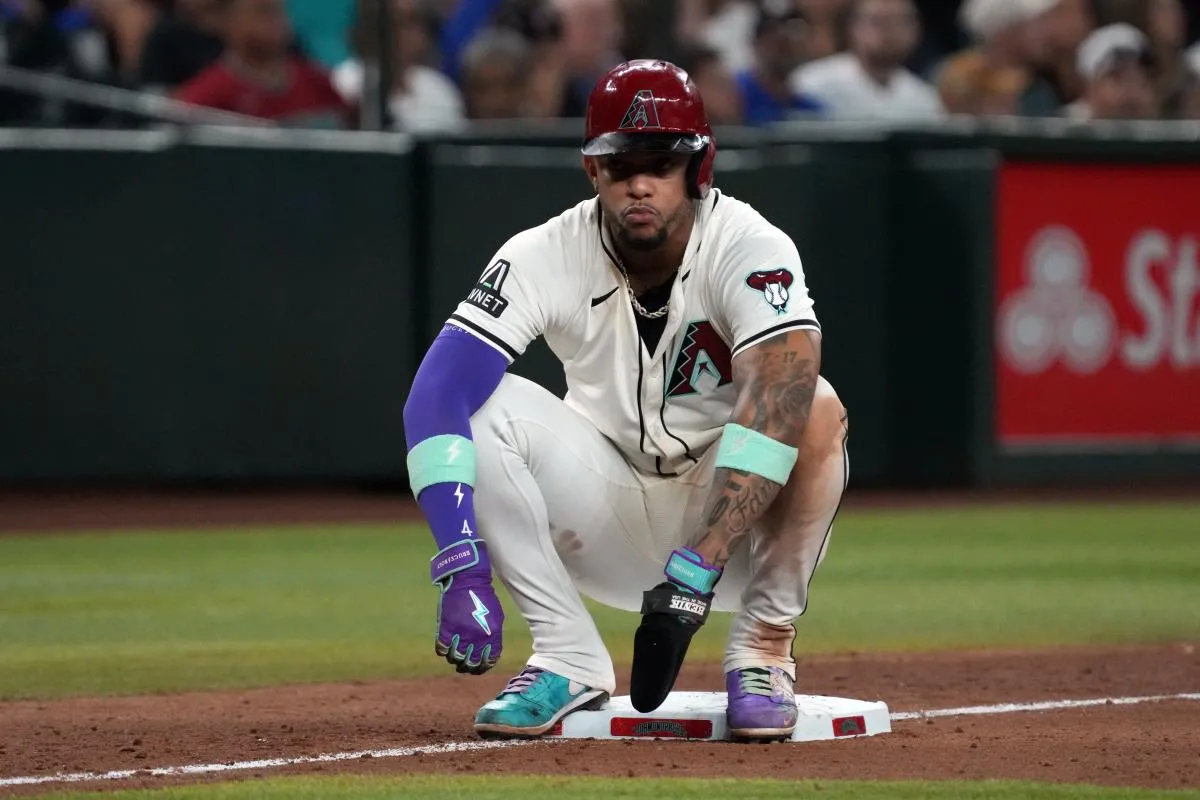 Arizona Diamondbacks second base Ketel Marte (4) sits on the base against the Los Angeles Dodgers in the first inning at Chase Field.