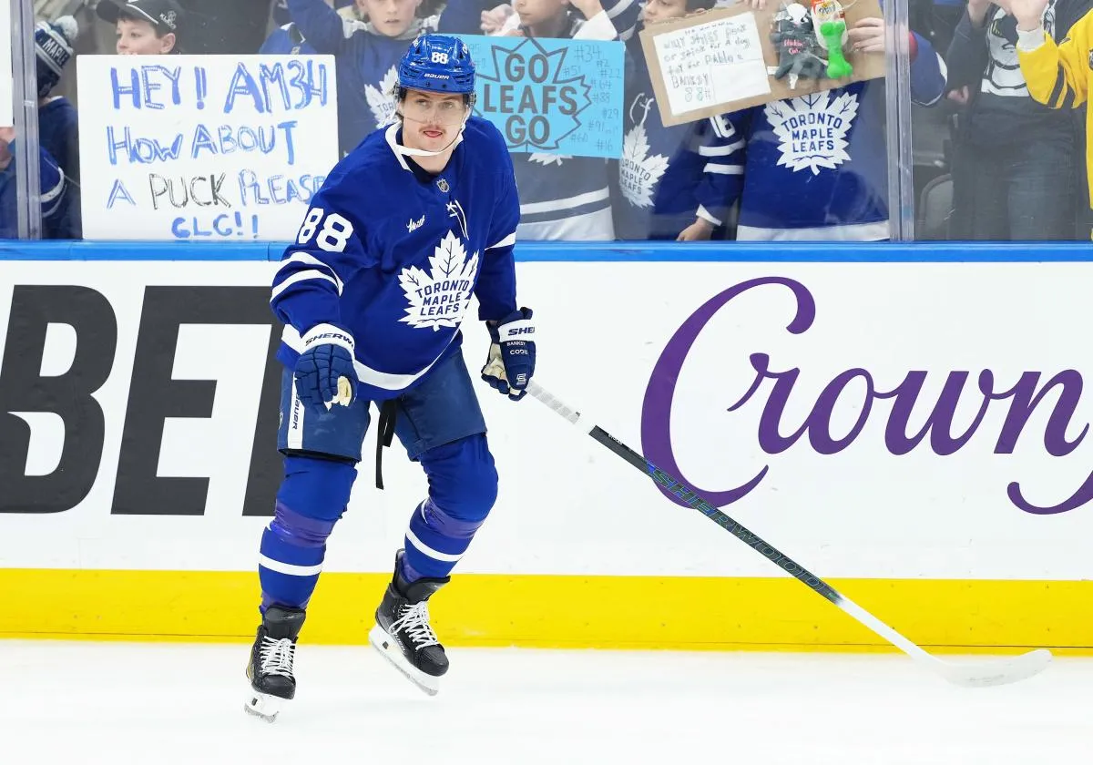 Toronto Maple Leafs right wing William Nylander (88) skates during the warmup before game against the Columbus Blue Jackets at Scotiabank Arena.