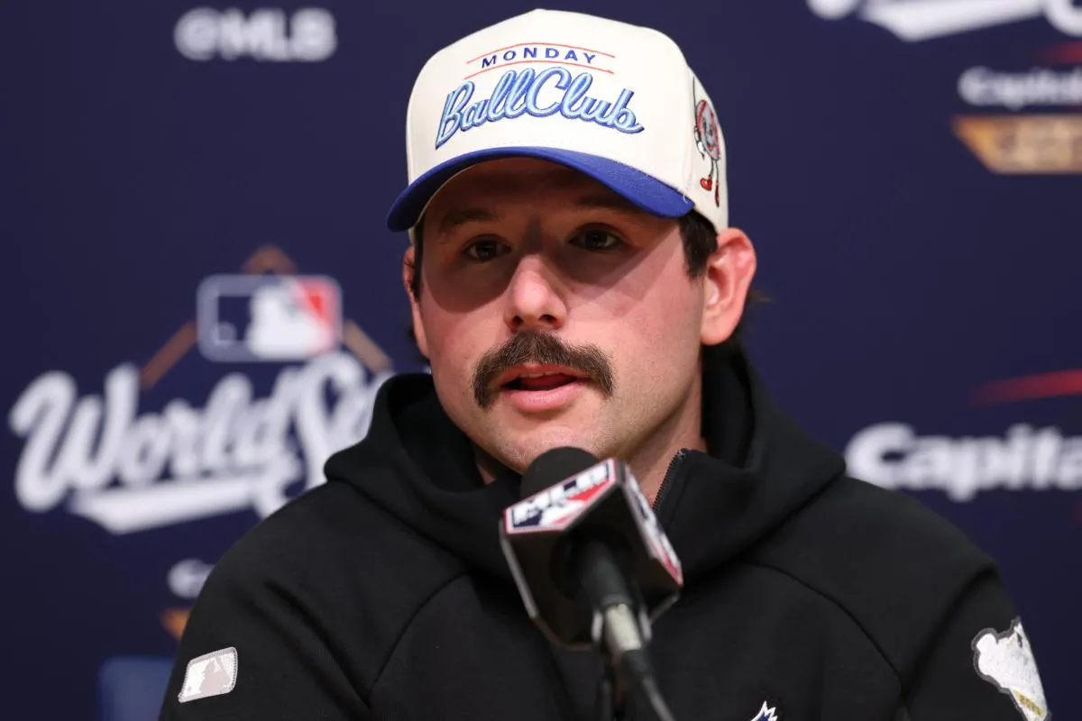 Toronto Blue Jays left fielder Davis Schneider (36) speaks in a press conference after game five of the 2025 MLB World Series against the Los Angeles Dodgers at Dodger Stadium