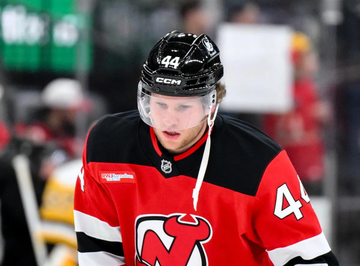 New Jersey Devils defenseman Dennis Cholowski (44) during a game against the Pittsburgh Penguins at Prudential Center.