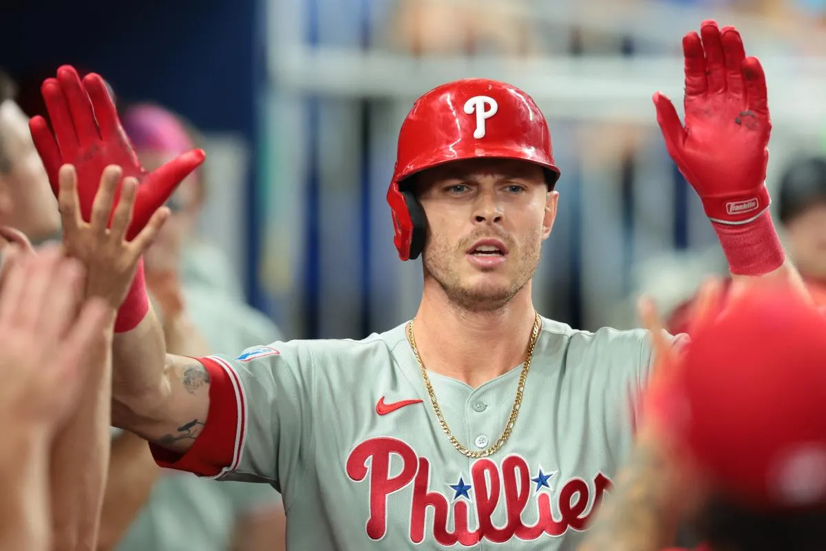 Philadelphia Phillies right fielder Max Kepler (17) celebrates after hitting a home run against the Miami Marlins during the second inning at loanDepot Park.