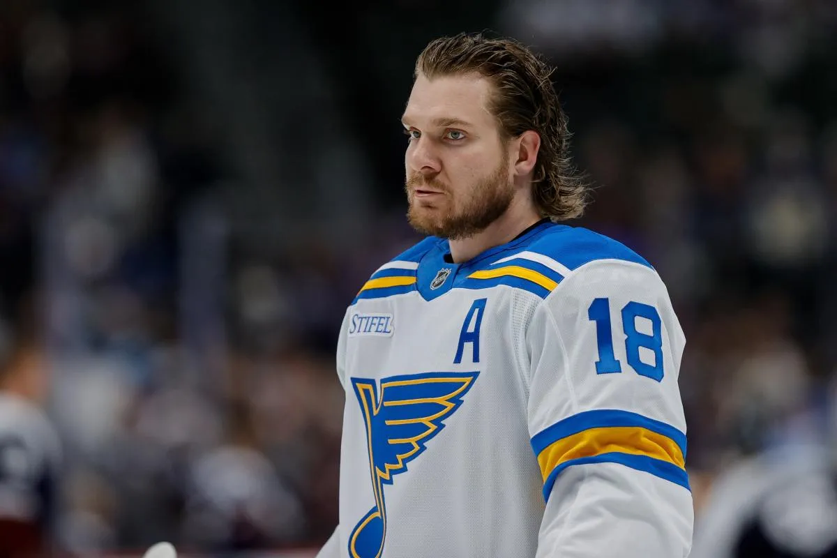 St. Louis Blues center Robert Thomas (18) before the game against the Colorado Avalanche at Ball Arena.