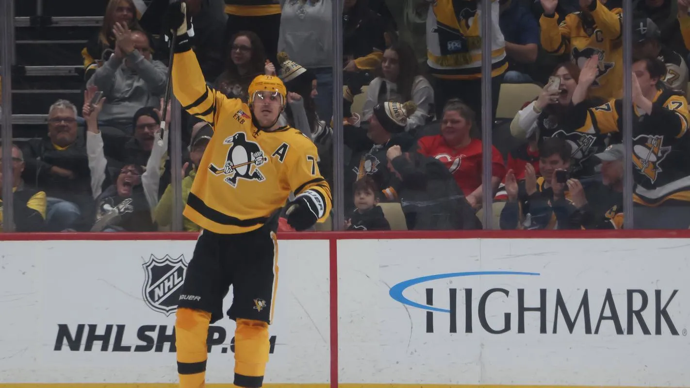 Pittsburgh Penguins center Evgeni Malkin (71) reacts after scoring a power play goal against the New Jersey Devils during the second period at PPG Paints Arena.