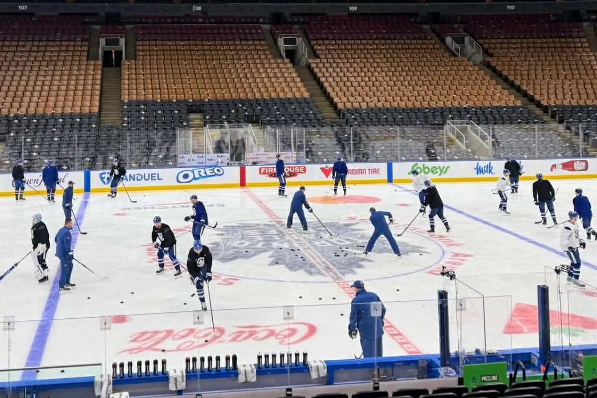 The Toronto Maple Leafs take part in a team practice on Saturday morning