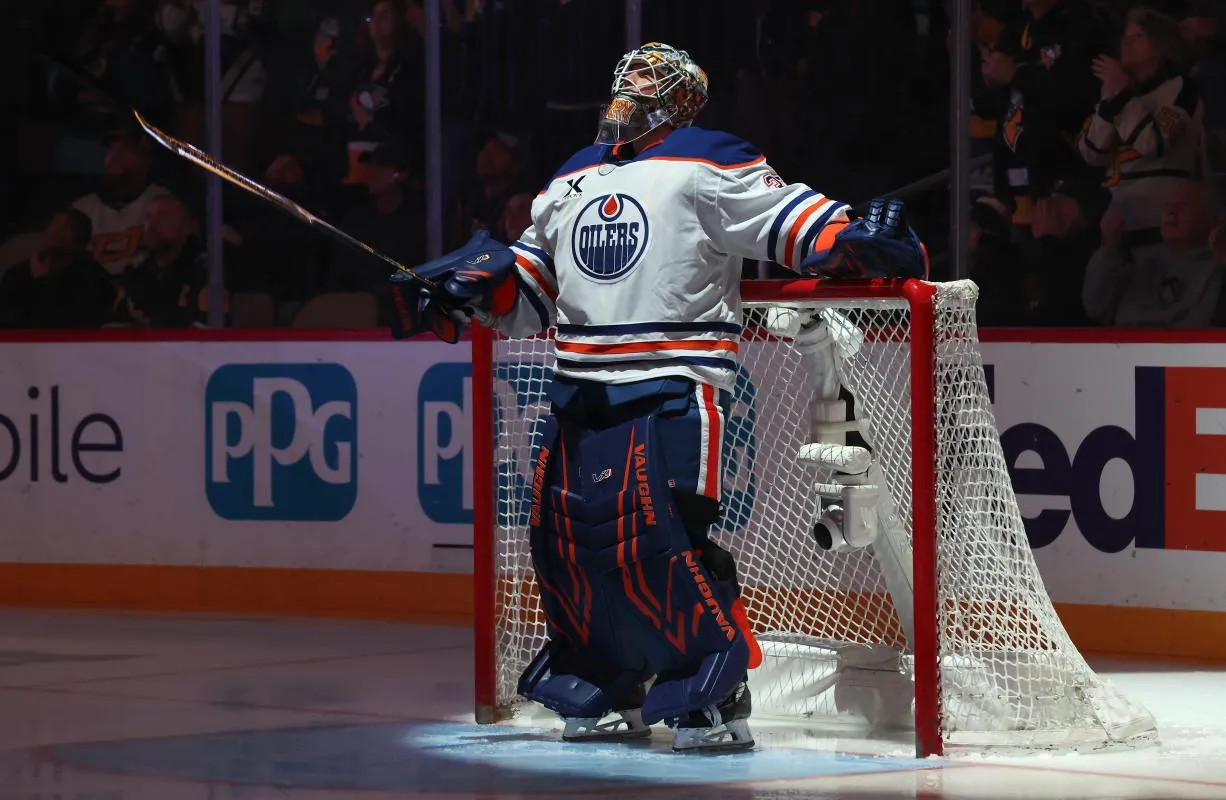Edmonton Oilers goaltender Tristan Jarry (35) looks up during player introductions against the Pittsburgh Penguins during the first period at PPG Paints Arena.
