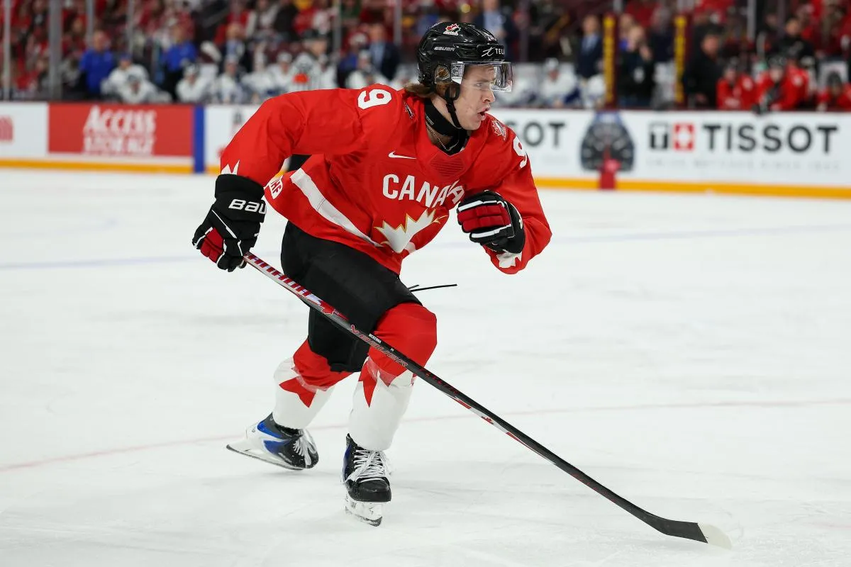 Canada forward Gavin McKenna (9) in action against Finland during the second period in group play during the 2026 IIHF World Junior Championship at 3M Arena.