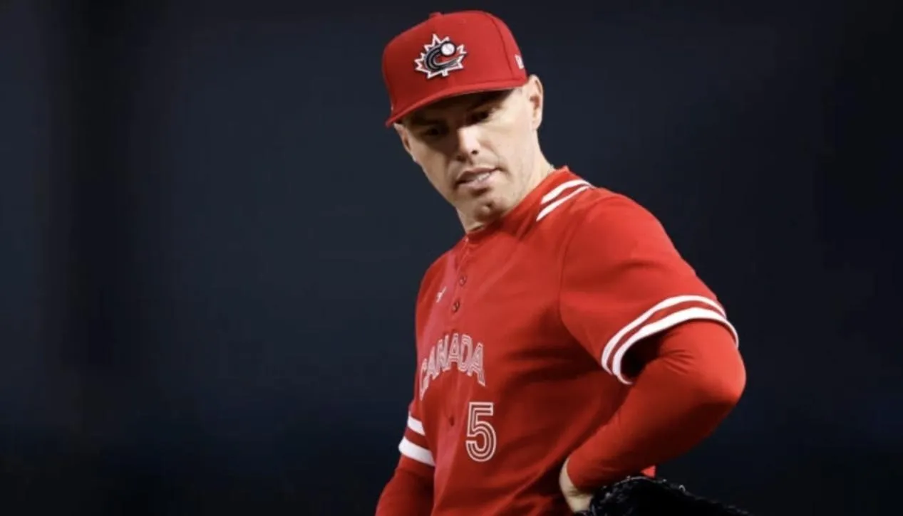 Freddie Freeman #5 of Team Canada gestures during the first inning of the World Baseball Classic Pool C game against Team Great Britain at Chase Field on March 12, 2023 in Phoenix, Arizona.
