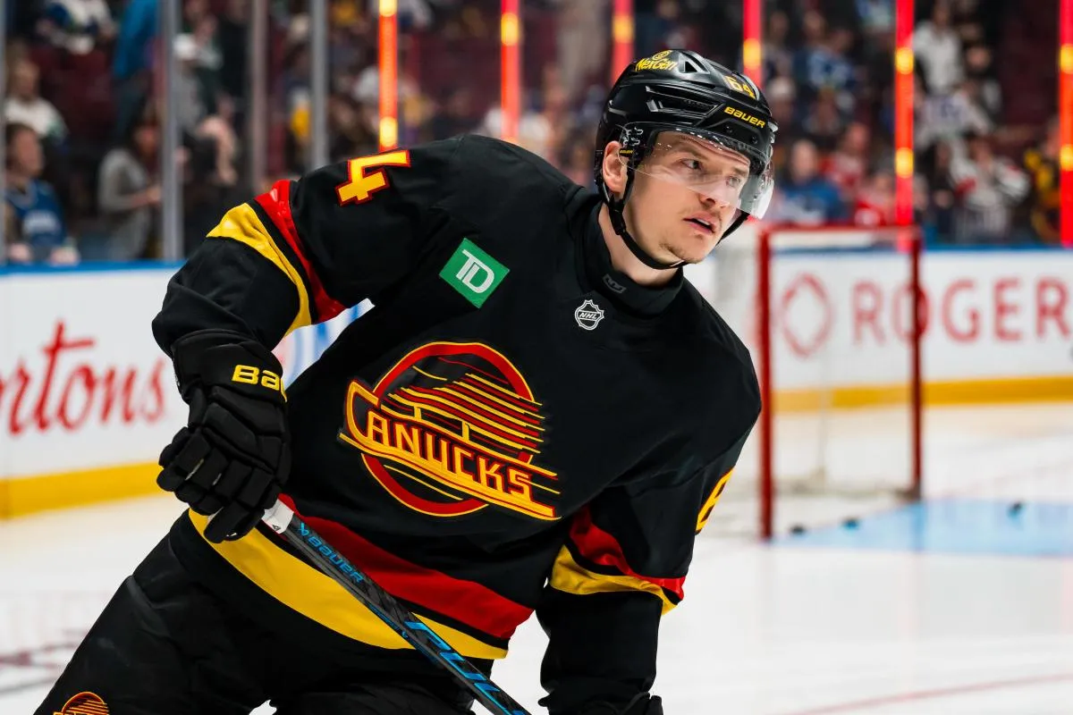 Vancouver Canucks forward David Kampf (64) skates in warm up prior to a game against the Boston Bruins at Rogers Arena.