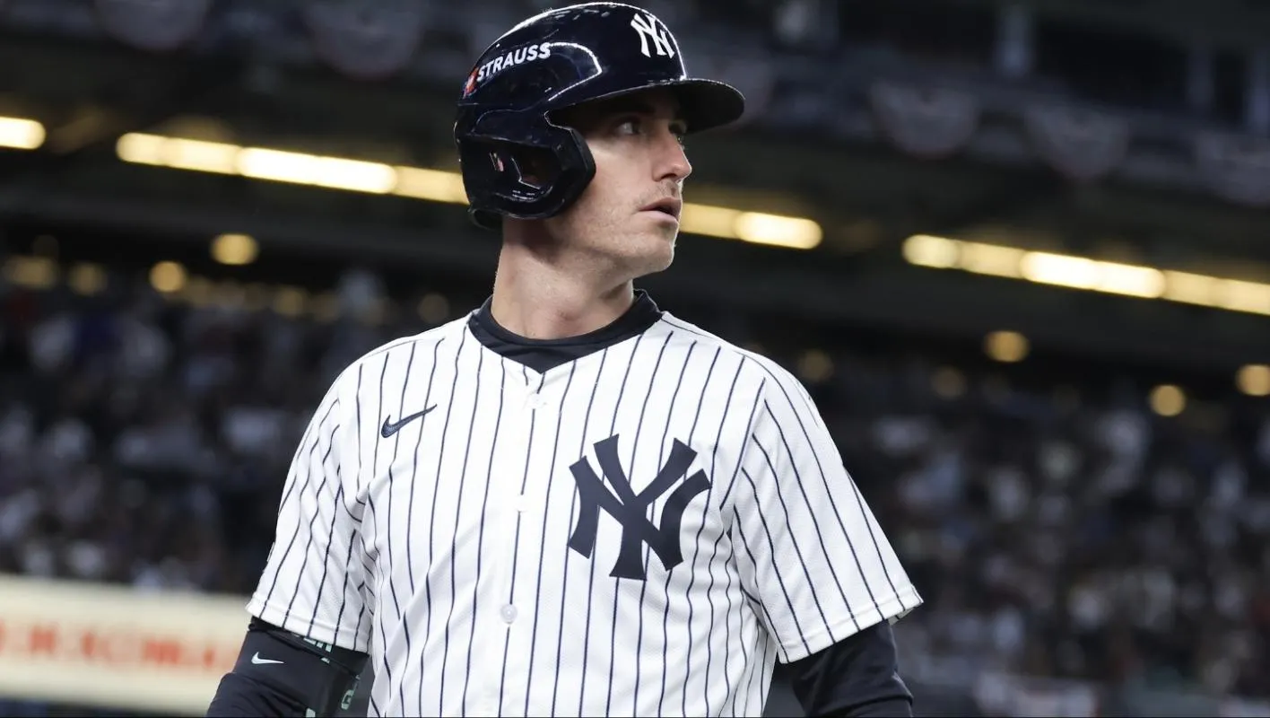 New York Yankees left fielder Cody Bellinger (35) reacts after flying out during the third inning against the Boston Red Sox during game two of the Wildcard round for the 2025 MLB playoffs at Yankee Stadium.