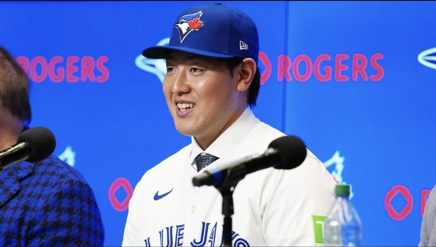 Toronto Blue Jays Kazuma Okamoto speaks to the media during the press conference at Rogers Centre.