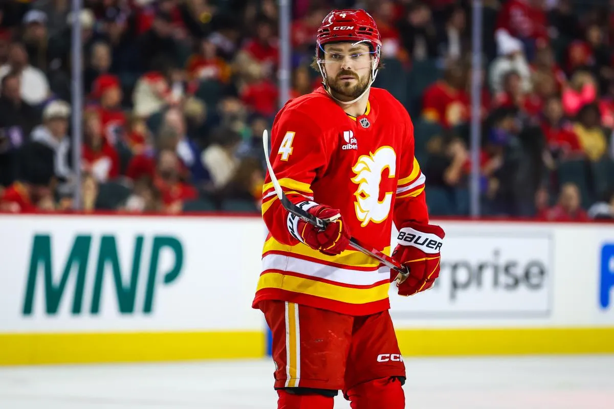 Calgary Flames defenseman Rasmus Andersson (4) against the Nashville Predators during the second period at Scotiabank Saddledome.