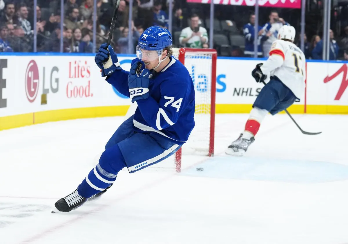 Toronto Maple Leafs center Bobby McMann (74) scores an empty net goal against the Florida Panthers during the third period at Scotiabank Arena.