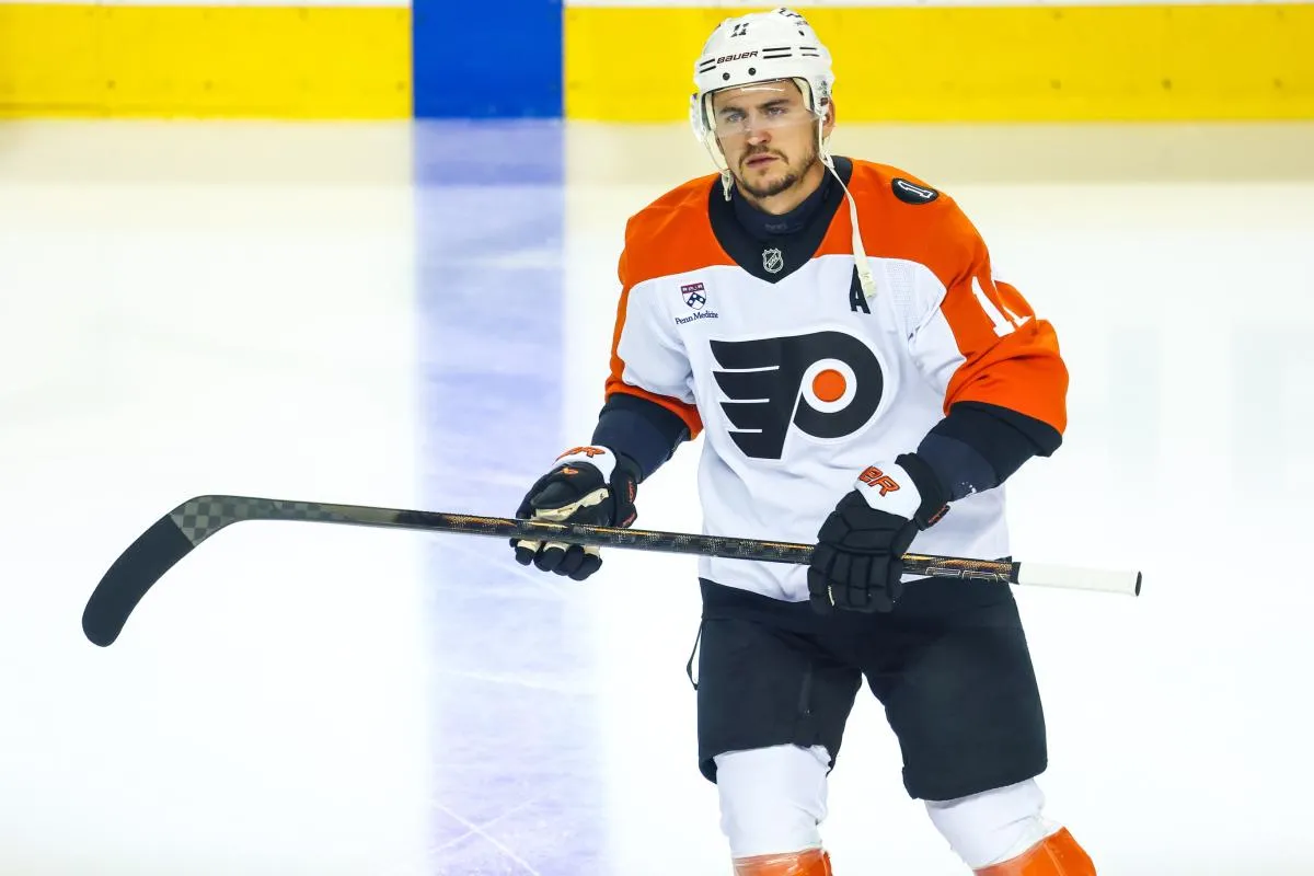 Philadelphia Flyers right wing Travis Konecny (11) skates during the warmup period against the Calgary Flames at Scotiabank Saddledome.