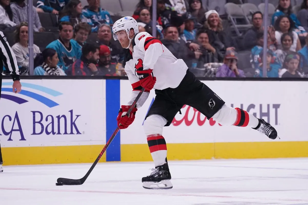 New Jersey Devils defenseman Dougie Hamilton (7) makes a pass against the San Jose Sharks in the second period at SAP Center at San Jose.