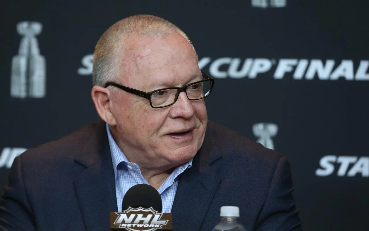 Pittsburgh Penguins general manager Jim Rutherford addresses reporters during media day before the start of the 2017 Stanley Cup Final at PPG PAINTS Arena.