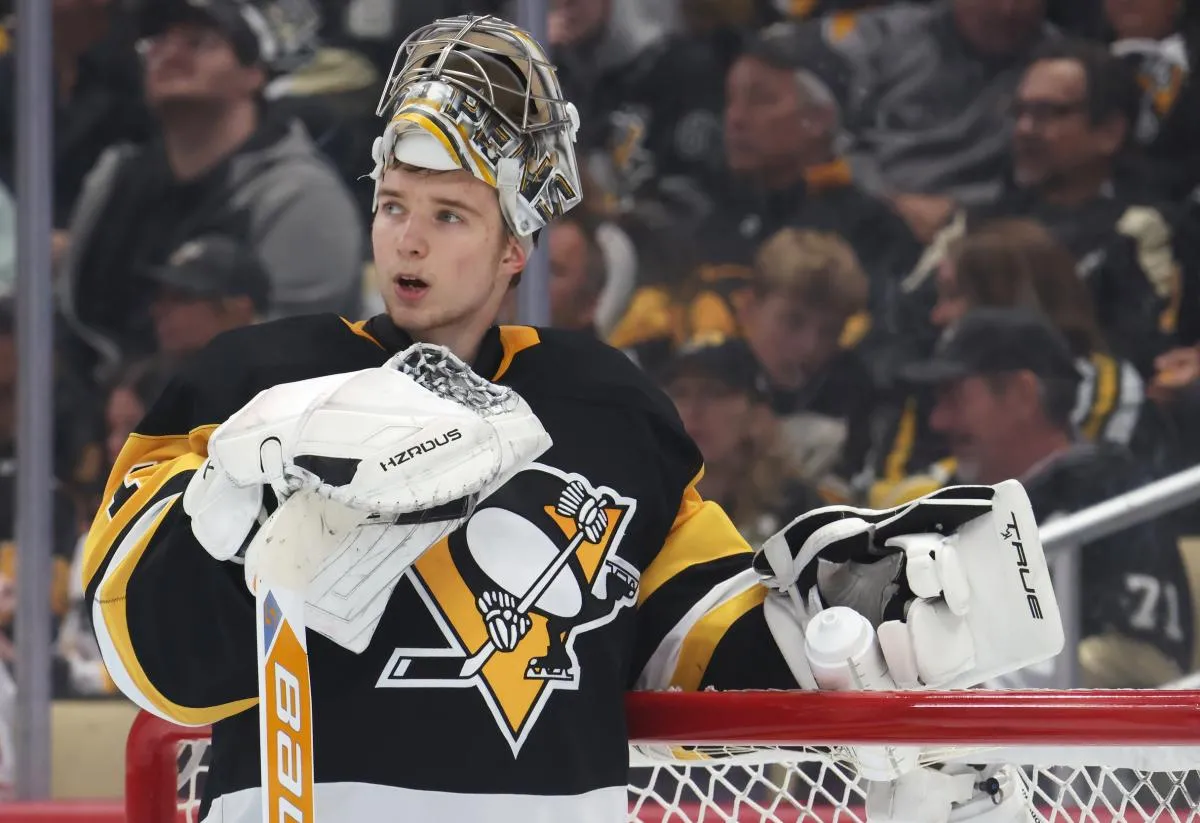Pittsburgh Penguins goaltender Sergei Murashov (1) looks on during the second period of his NHL debut against the Los Angeles Kings at PPG Paints Arena.