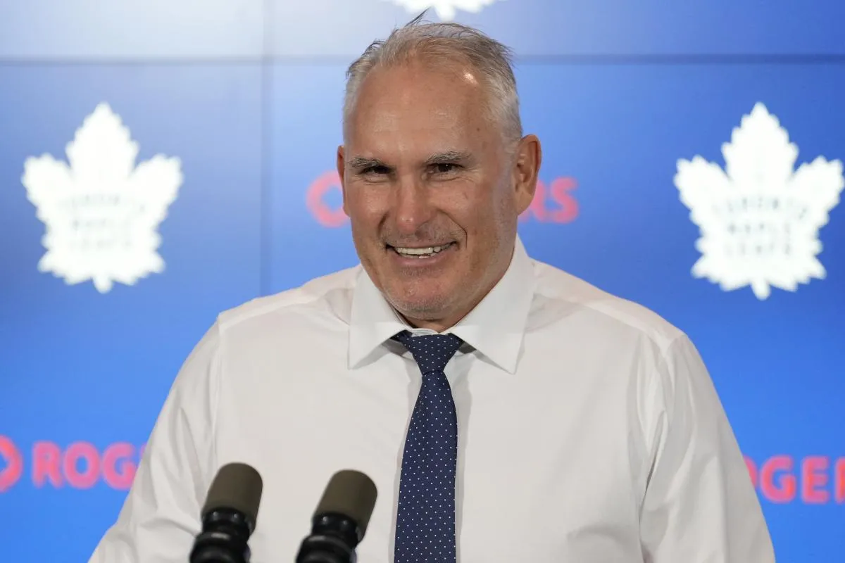 Toronto Maple Leafs head coach Craig Berube smiles during a press conference after a win over the Chicago Blackhawks at Scotiabank Arena.