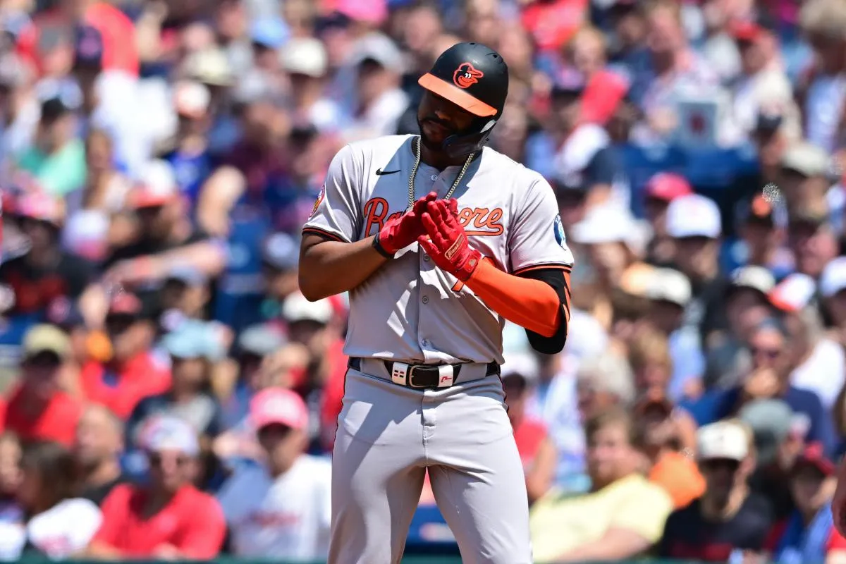 Baltimore Orioles designated hitter Eloy Jimenez (72) celebrates after hitting a RBI single during the third inning against the Cleveland Guardians at Progressive Field.