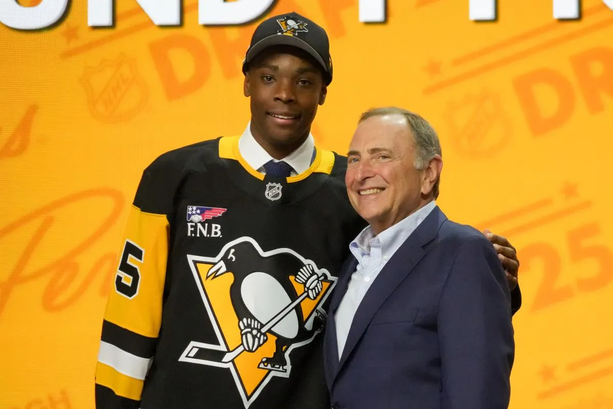 Bill Zonnon is selected as the 22nd overall pick to the Pittsburgh Penguins in the first round of the 2025 NHL Draft at Peacock Theater.