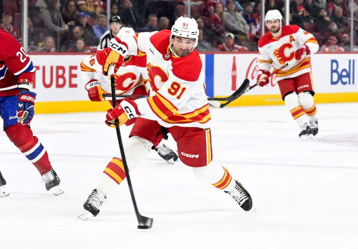 Calgary Flames forward Nazem Kadri (91) takes a shot on net during the first period of the game against the Montreal Canadiens at the Bell Centre.