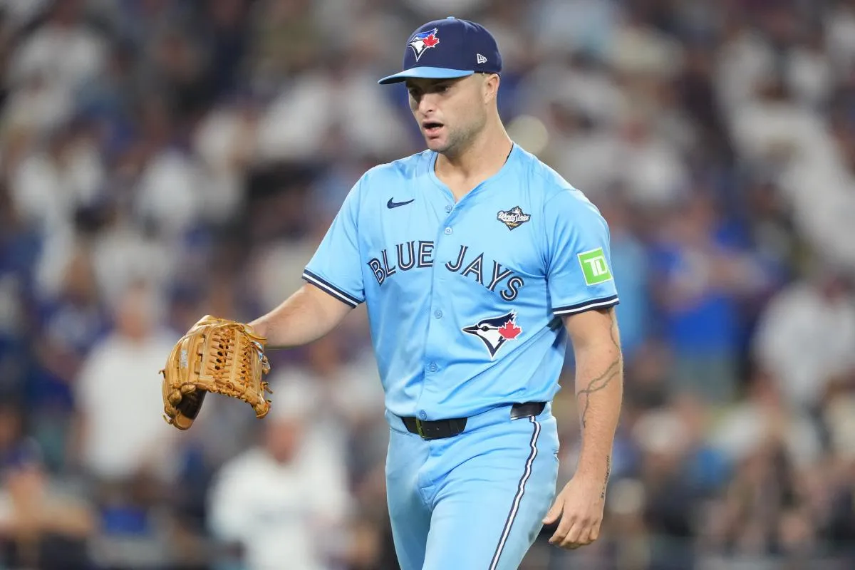 Toronto Blue Jays pitcher Mason Fluharty (68) reacts in the sixth inning against the Los Angeles Dodgers during game four of the 2025 MLB World Series at Dodger Stadium.