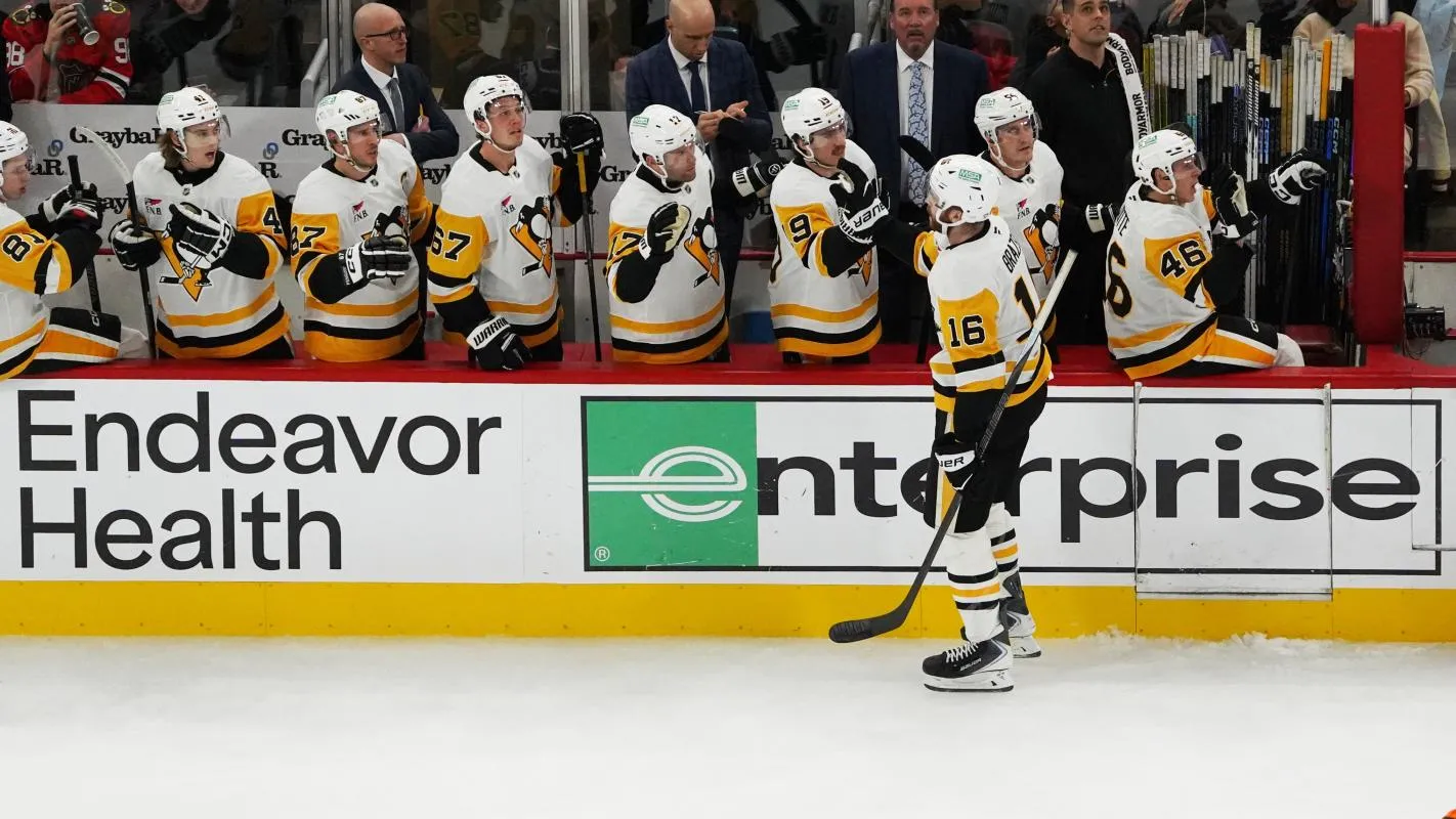 Pittsburgh Penguins right wing Justin Brazeau (16) celebrates scoring a goal against the Chicago Blackhawks during the first period at United Center.