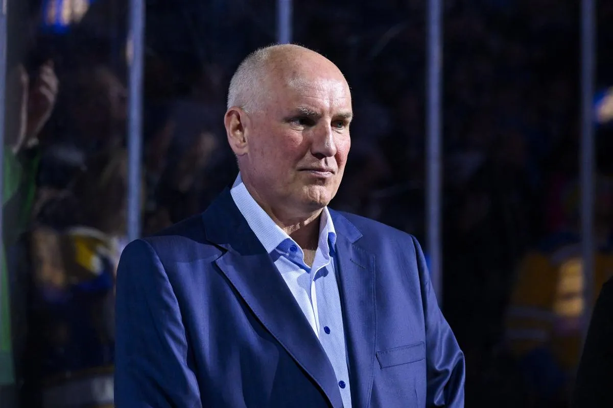 St. Louis Blues general manager Doug Armstrong looks on before a game against the Vegas Golden Knights at Enterprise Center.