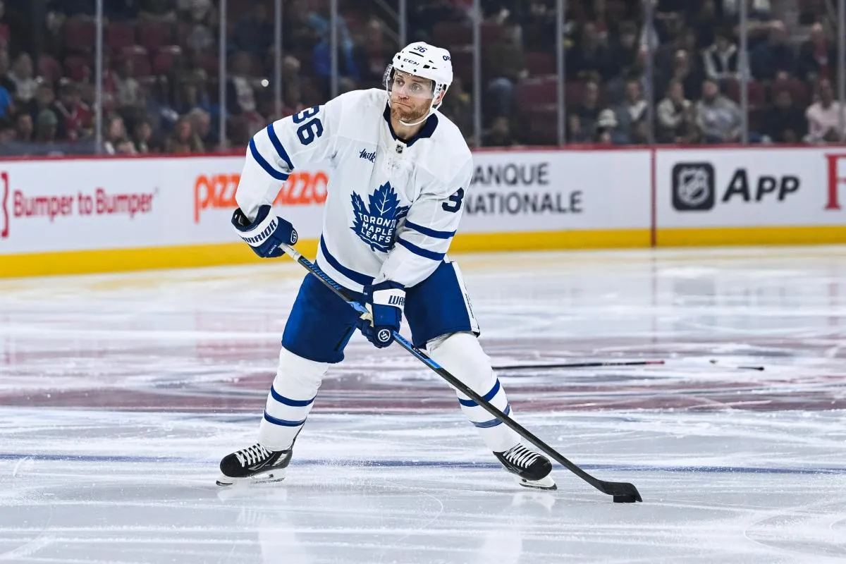 Toronto Maple Leafs defenseman Dakota Mermis (36) shoots the puck against the Montreal Canadiens during the second period at Bell Centre.