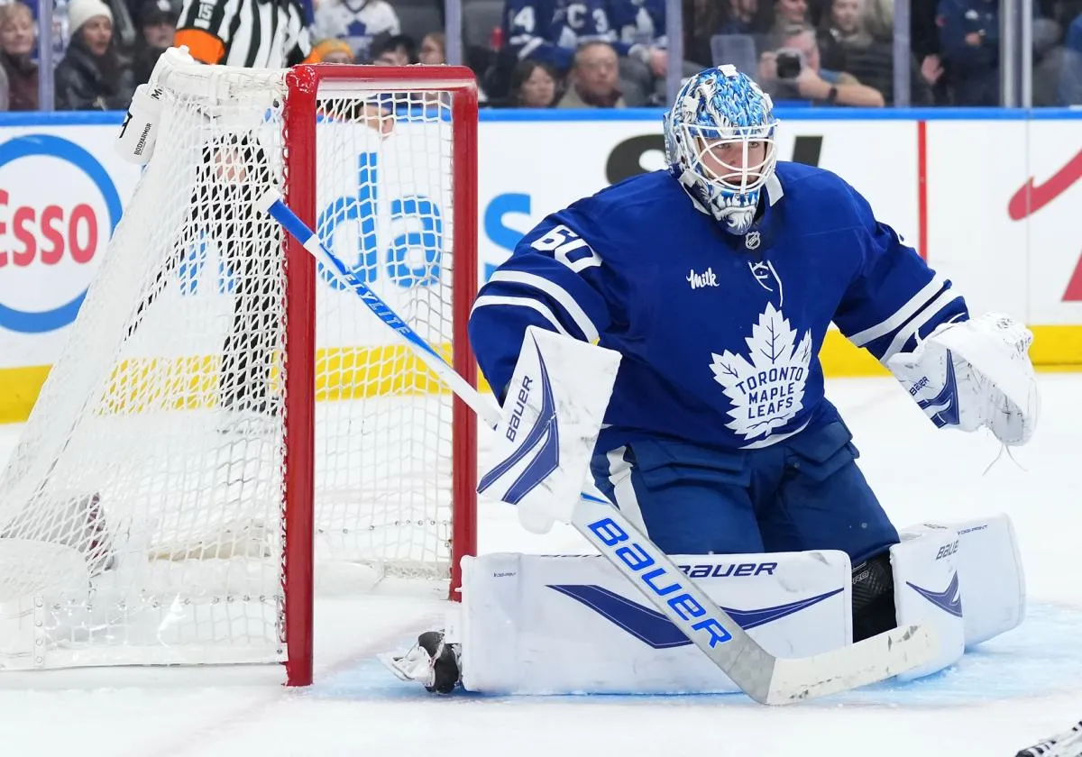 Toronto Maple Leafs goaltender Joseph Woll (60) follows the action against the Vancouver Canucks during the second period at Scotiabank Arena.