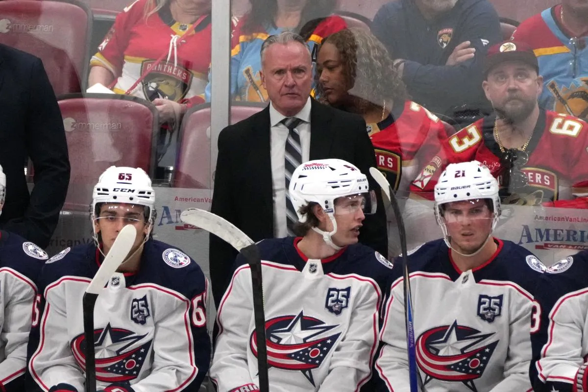Columbus Blue Jackets head coach Dean Evason keeps an eye on his team during the third period against the Florida Panthers at Amerant Bank Arena.