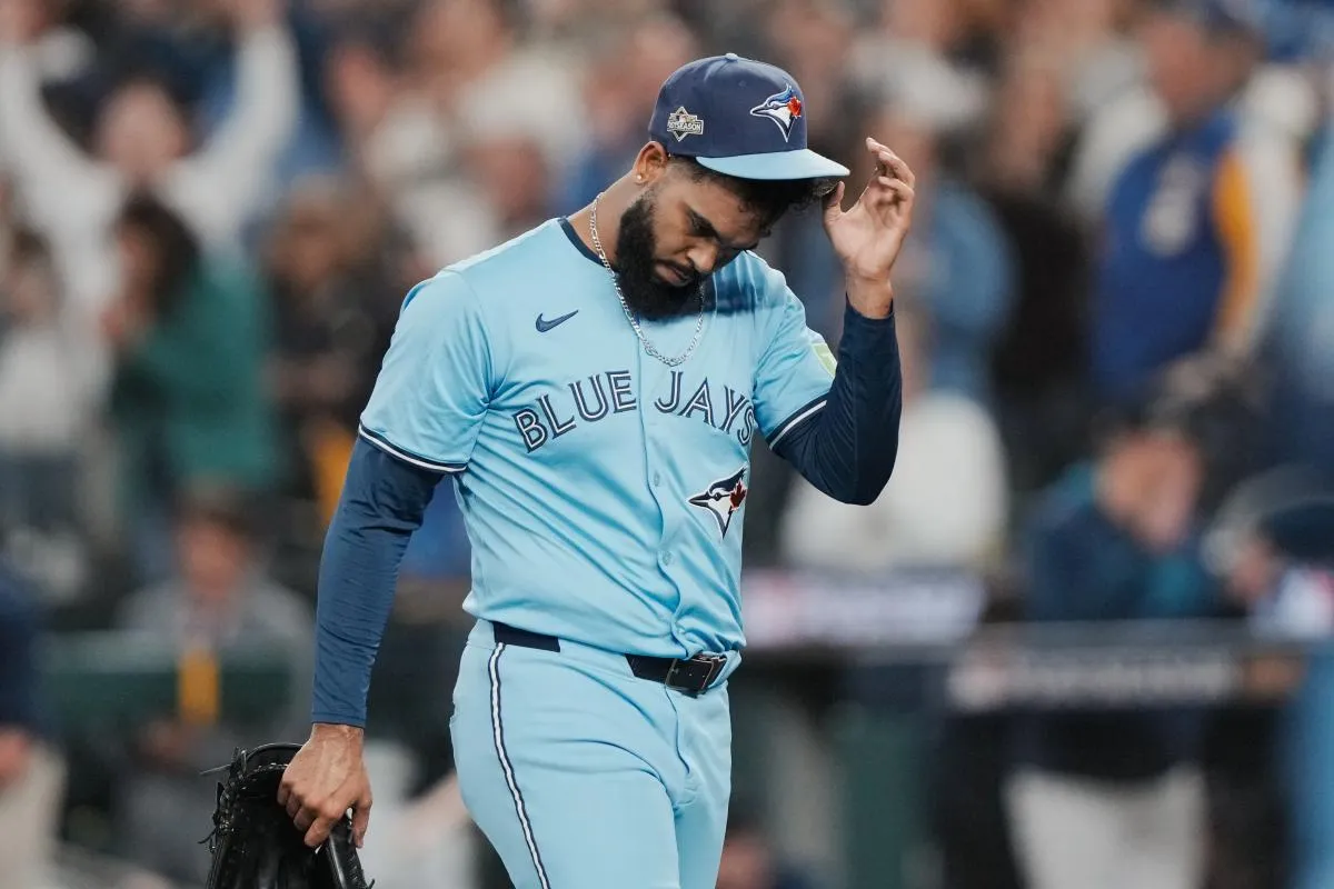 Toronto Blue Jays pitcher Seranthony Dominguez (48) reacts after throwing against the Seattle Mariners in the eighth inning during game five of the ALCS round for the 2025 MLB playoffs at T-Mobile Park.