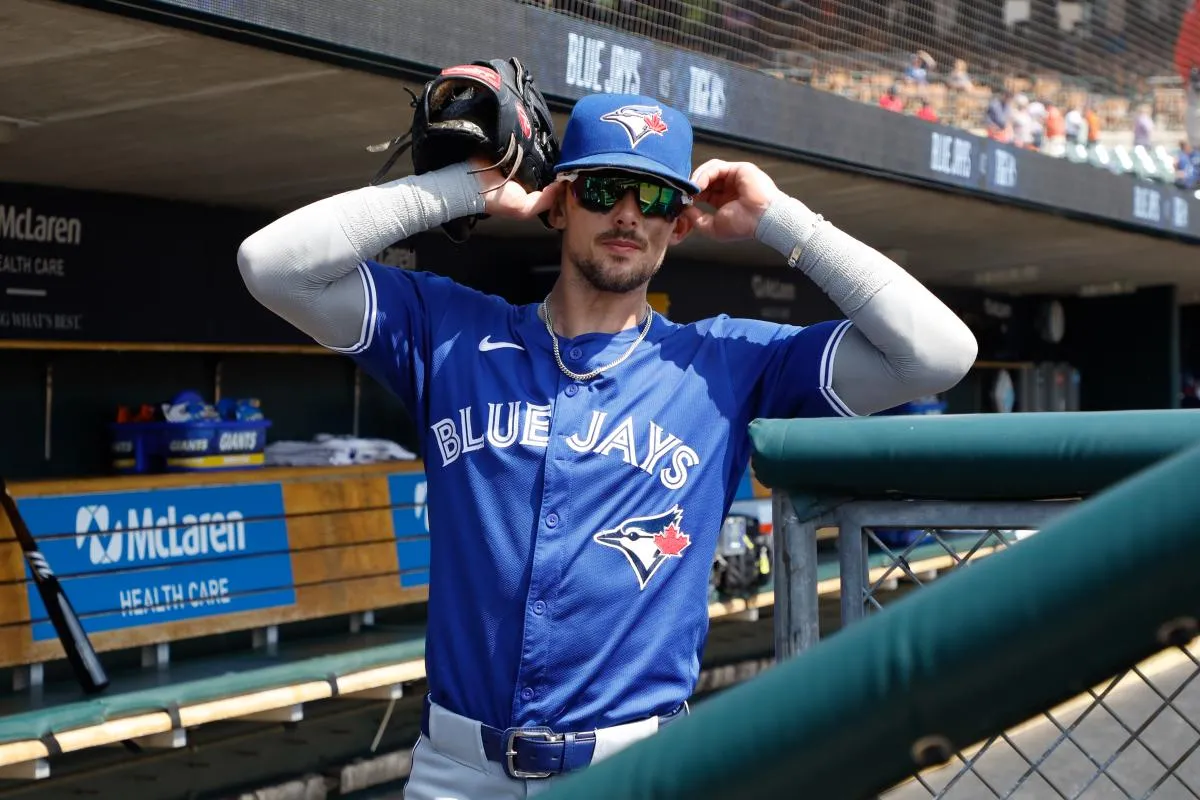 Toronto Blue Jays second baseman Cavan Biggio (8) takes the field prior to the game against the Detroit Tigers at Comerica Park.