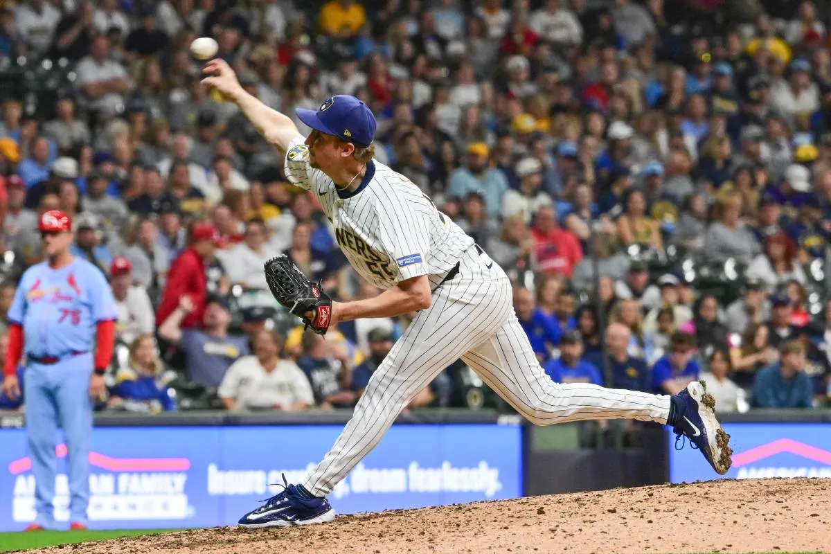 Milwaukee Brewers relief pitcher Erick Fedde (59) throws against the St. Louis Cardinals in the seventh inning at American Family Field.
