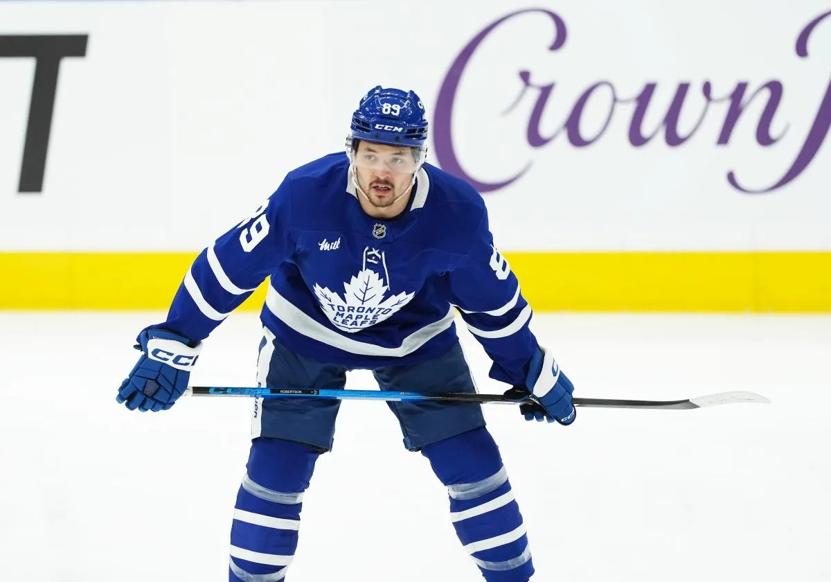 Toronto Maple Leafs left wing Nicholas Robertson (89) skates during the warmup before a game against the New Jersey Devils at Scotiabank Arena.