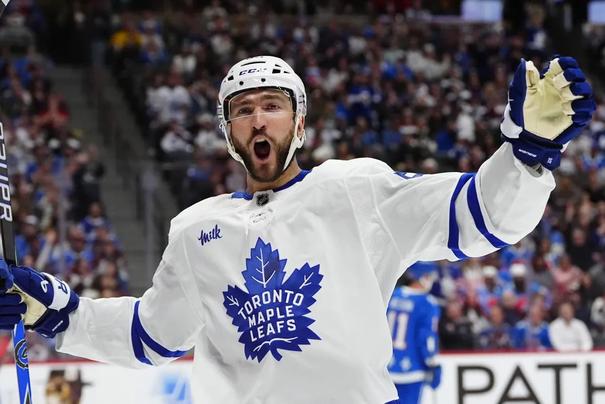 Toronto Maple Leafs center Nicolas Roy (55) celebrates a goal scored in the first period against the Colorado Avalanche at Ball Arena.