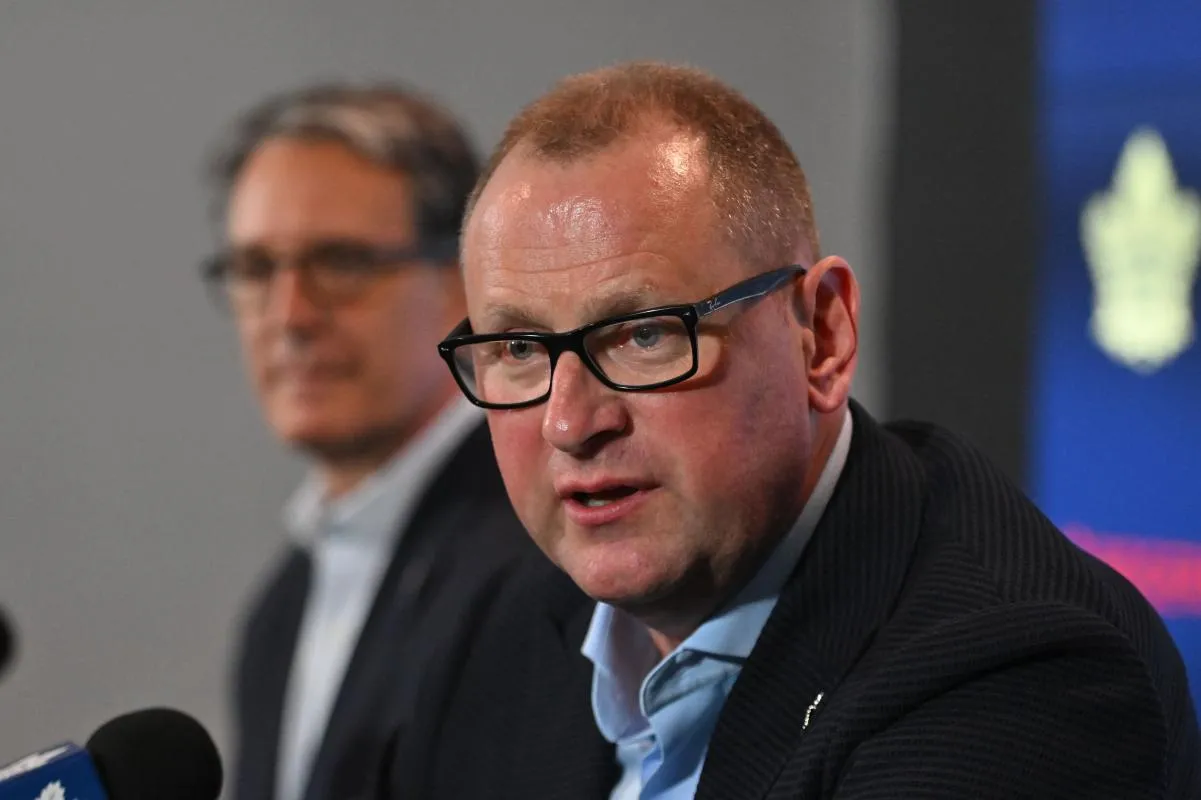 Toronto Maple Leafs new general manager Brad Treliving is introduced as club president Brendan Shanahan looks on at a press conference at Scotiabank Arena.