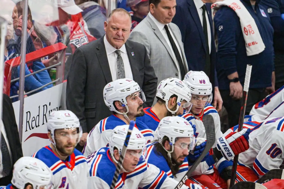 New York Rangers head coach Gerard Gallant looks down the bench during the second period against the Washington Capitals at Capital One Arena.