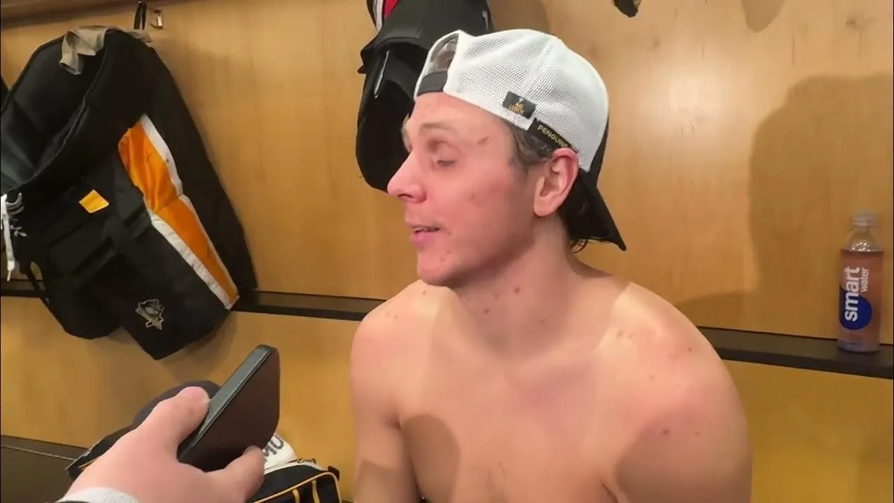 Pittsburgh Penguins' Blake Lizotte speaks to reporters in the locker room